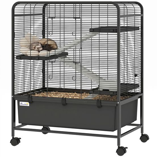 Cage rongeurs acier 4 niveaux roulettes freins accessoires plateau profond 75x46x94cm noir