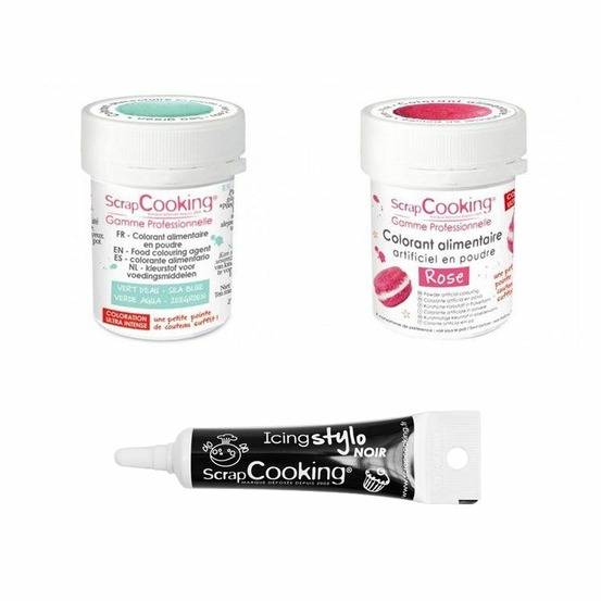 2 colorants alimentaires rose-vert d'eau + stylo glaçage noir