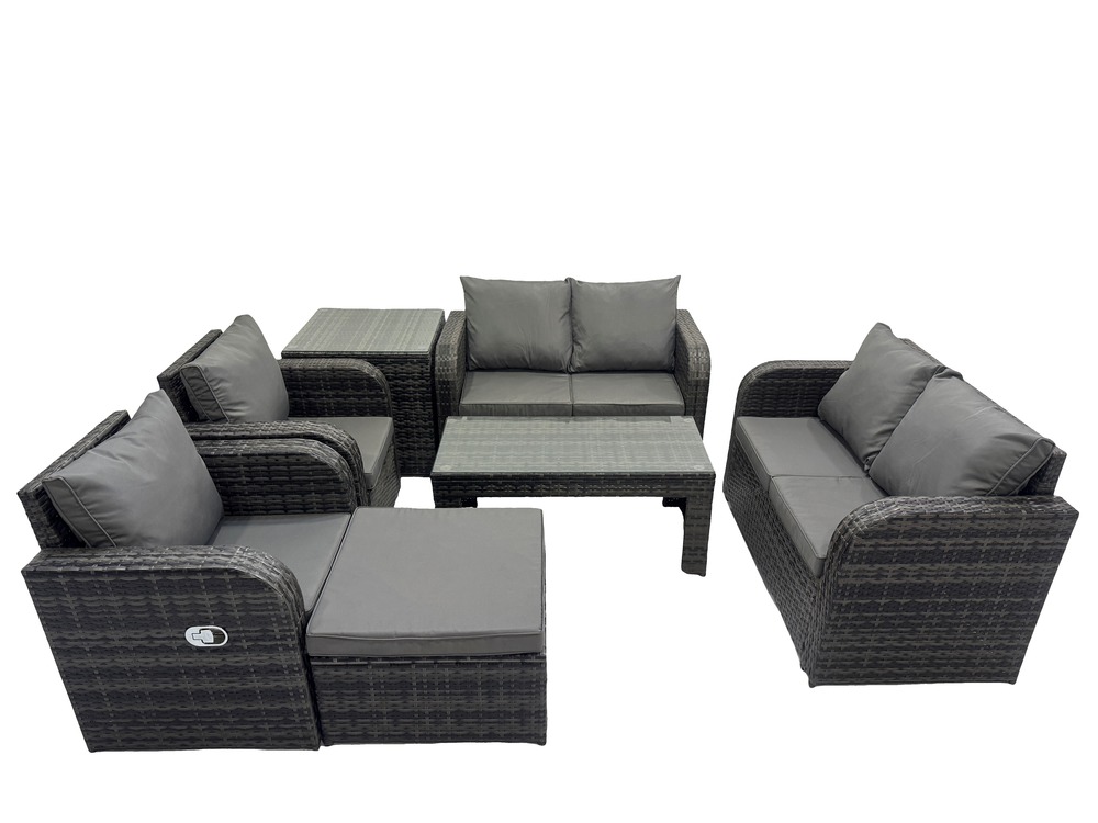 Salon de jardin avec table basse rectangulaire table d'appoint grand tabouret 7 places ensemble de canapés en rotin