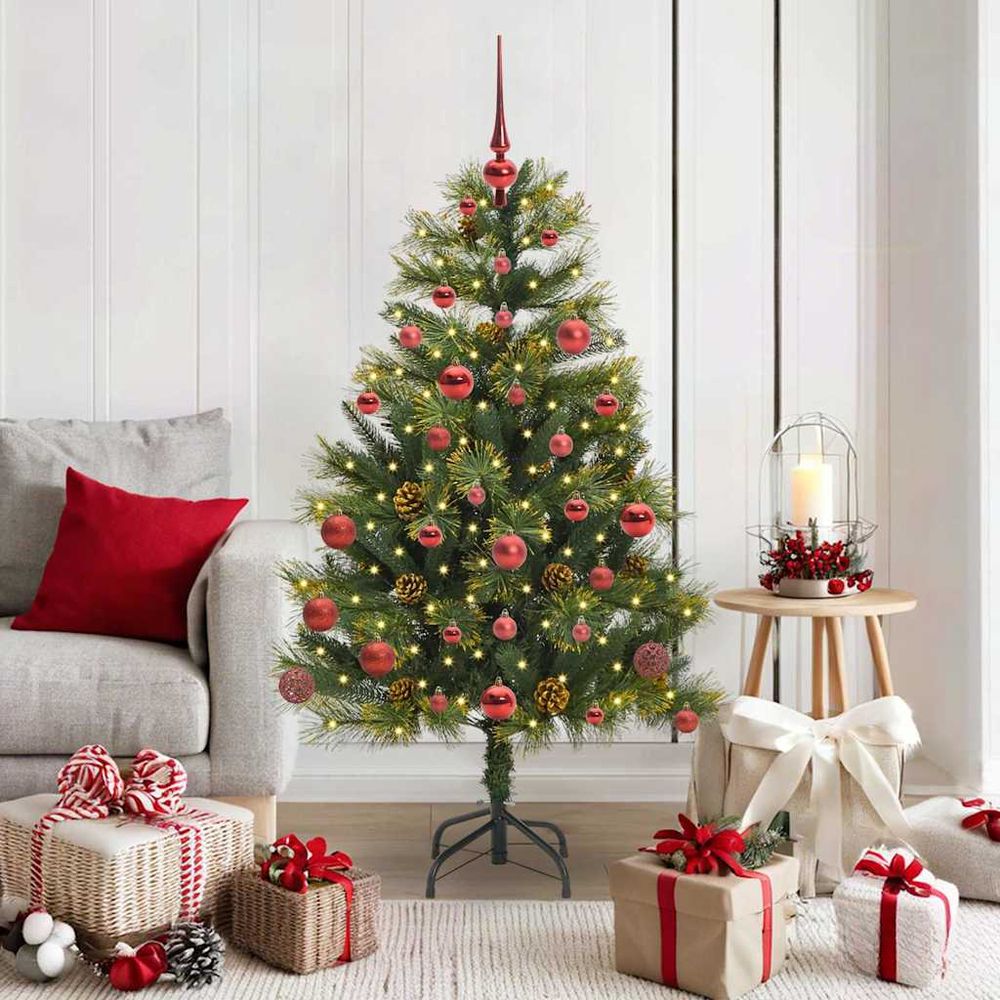 Sapin de noël artificiel 150cm avec pommes de pin, kit complet décorations 61 boules et lumières led blanc chaud