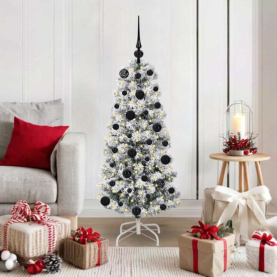Sapin de noël artificiel pré-décoré 120 cm, guirlande led intégrée et 61 ornements inclus