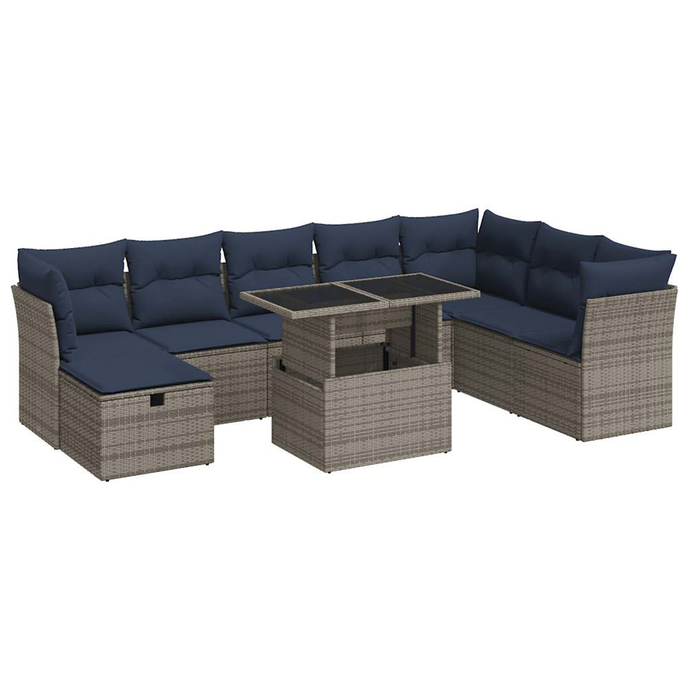 Salon de jardin avec coussins 9 pcs gris résine tressée acacia