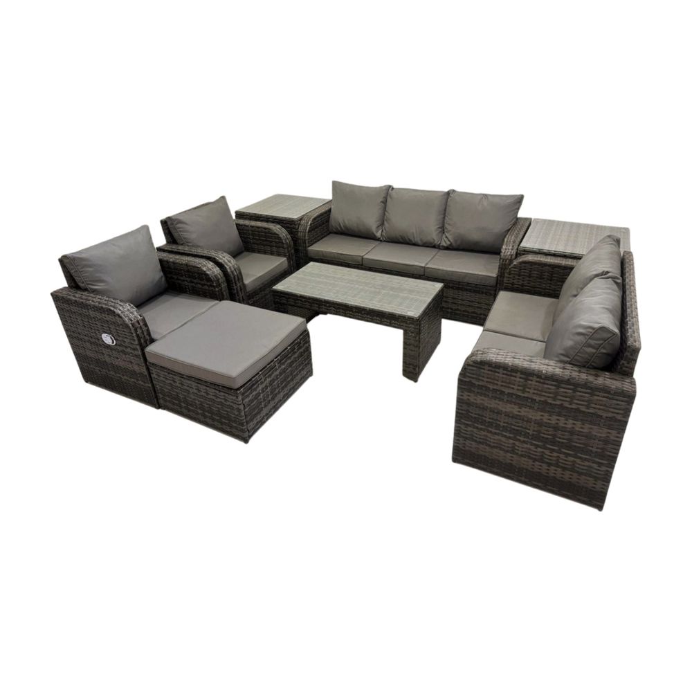 Salon de jardin exterieur ensemble de canapés en rotin avec table basse rectangulaire 2 tables d'appoint grand tabouret