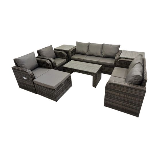 Salon de jardin exterieur ensemble de canapés en rotin avec table basse rectangulaire 2 tables d'appoint grand tabouret