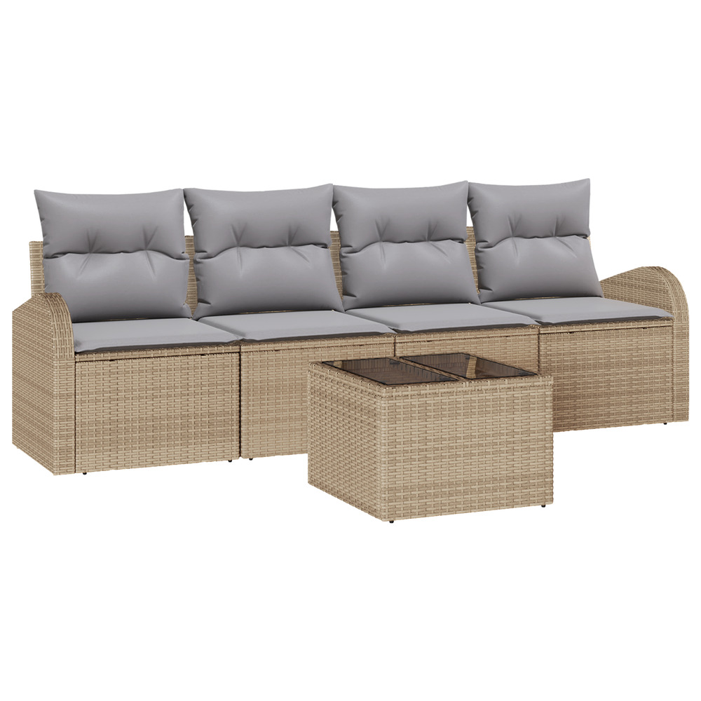 Set de canapé de jardin de 5 pièces avec coussins beige poly rattan