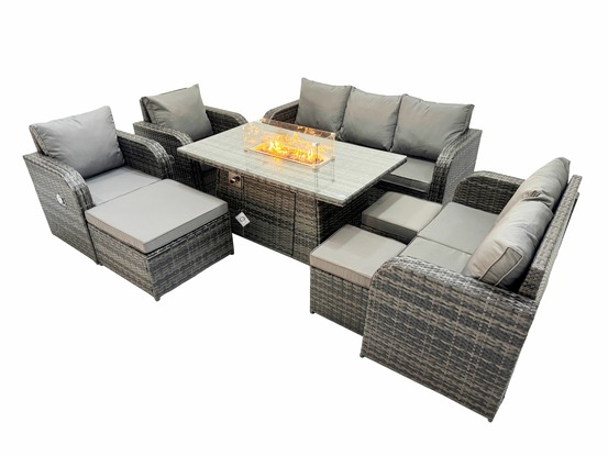 10 places salon de jardin exterieur table de foyer à gaz et canapé fauteuil avec 3 tabourets