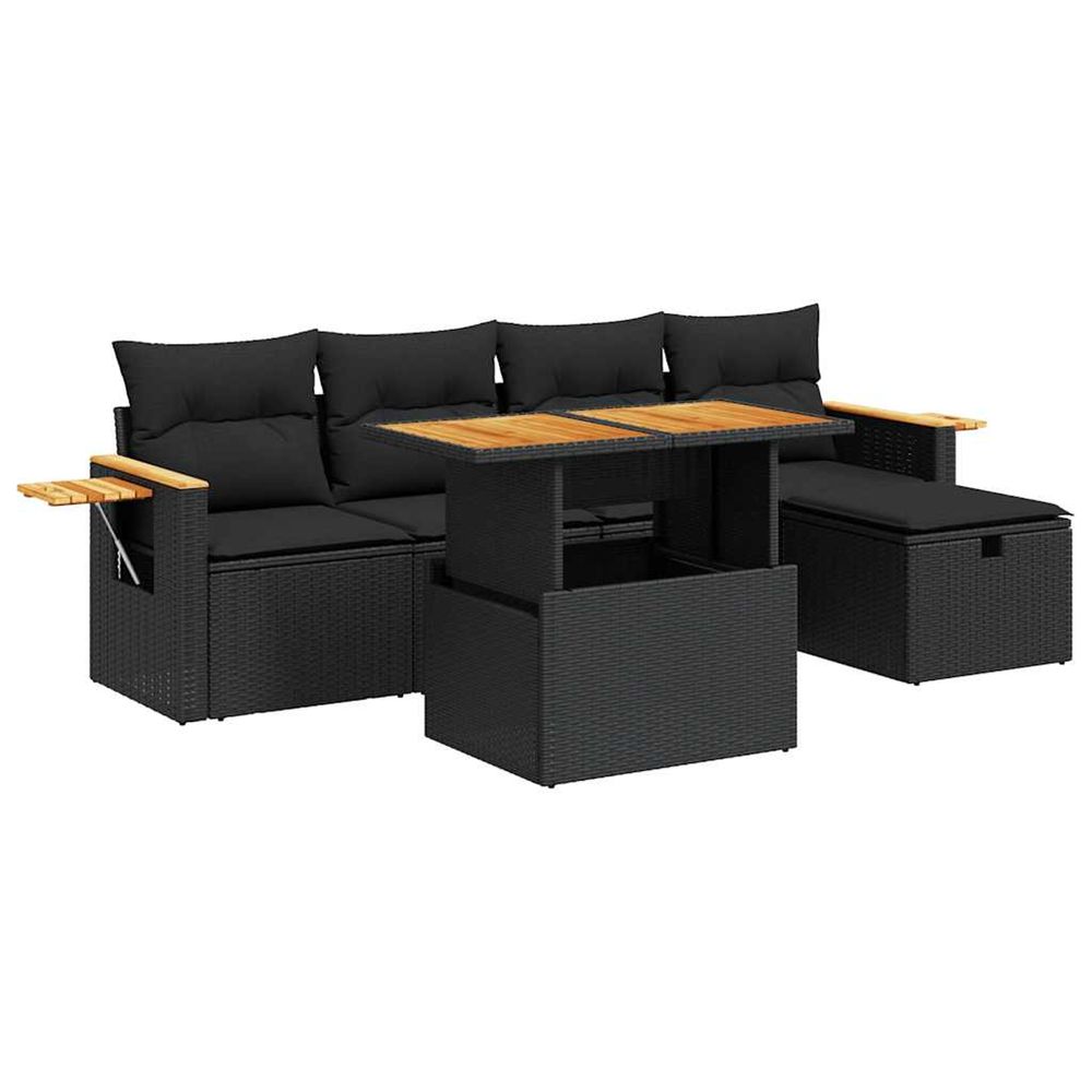 Salon de jardin 6 pcs avec coussins noir résine tressée