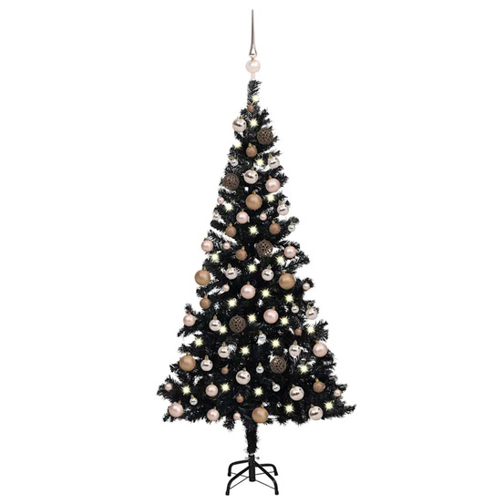 Arbre de noël artificiel pré-éclairé et boules noir 180 cm pvc