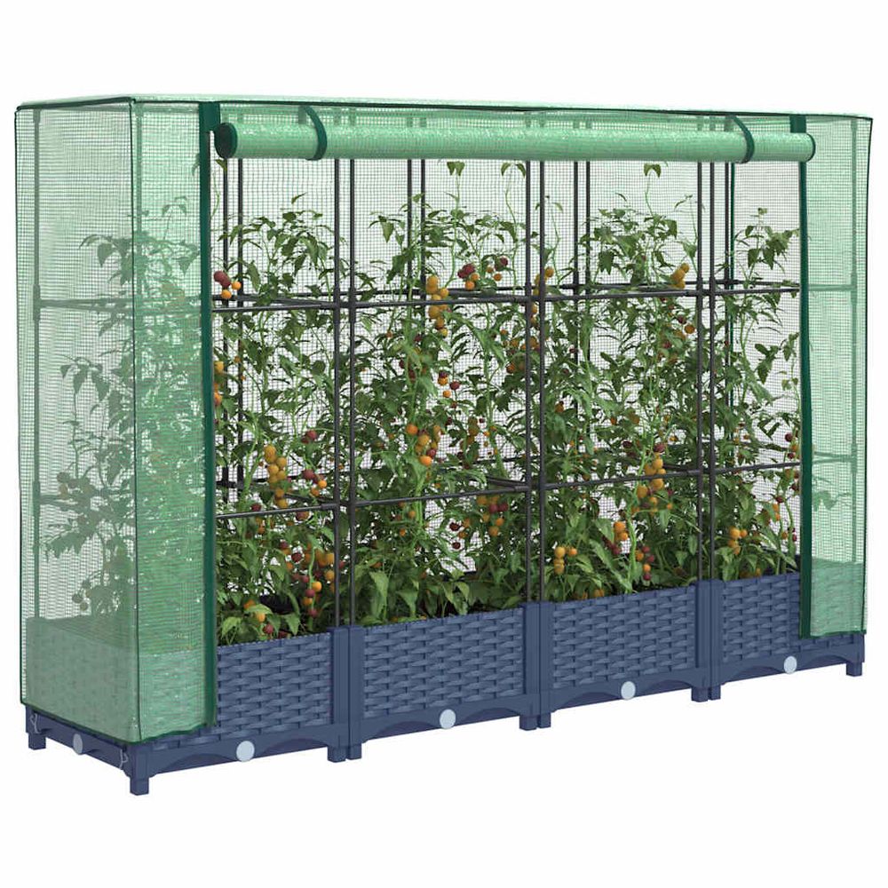 Carré potager surélevé avec serre aspect rotin pour balcon jardin gris 160x40cm