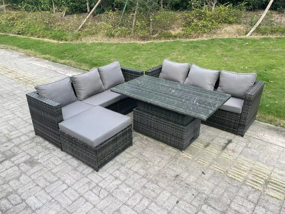 7 places osier pe rotin meubles de jardin canapé ensemble extérieur table à manger réglable grand tabouret gris foncé mix
