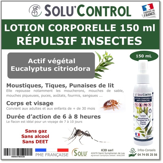 Solu'control lotion repulsive moustiques 150 ml repulsif corps et visage sans deet moustique tigre tiques puces