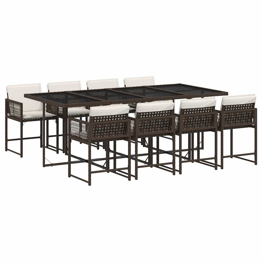 Ensemble à manger de jardin et coussins 9 pcs marron poly rotin