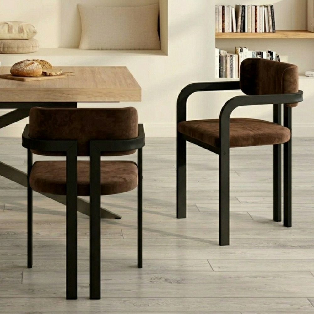 Lot de 2 chaises de salle à manger, fauteuils de table esma en métal noir et velours marron avec accoudoirs