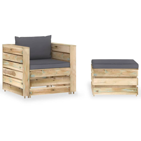 Salon de jardin 2 pcs avec coussins bois imprégné de vert