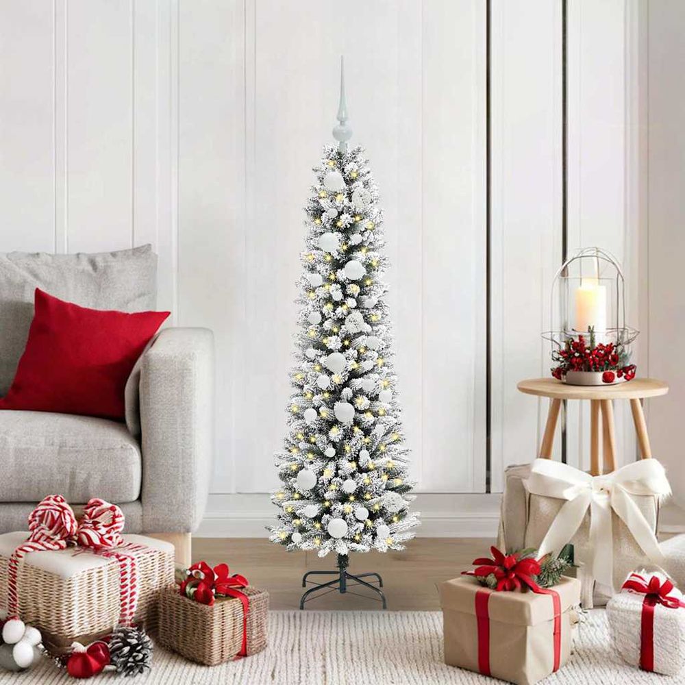 Sapin de noël lumineux floconné 120cm, kit prêt à poser avec 150 led et boules de noël