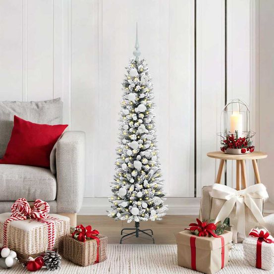 Sapin de noël lumineux floconné 120cm, kit prêt à poser avec 150 led et boules de noël