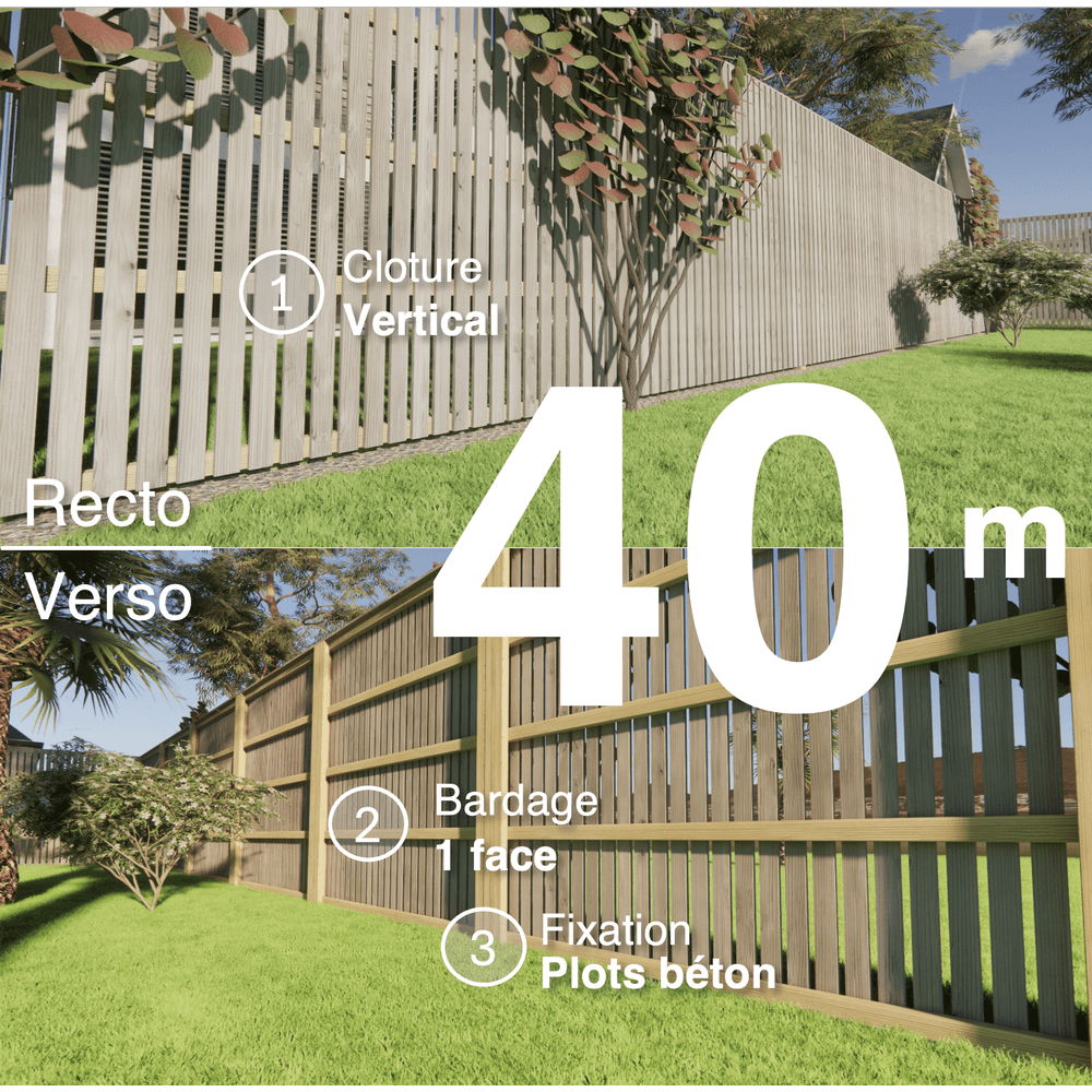 Kit clôture bois moderne 40m – h 2,3m – 20 x 70 mm autoclave gris – pose vertical – simple face – à sceller