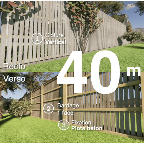 Kit clôture bois moderne 40m – h 2,3m – 20 x 70 mm autoclave gris – pose vertical – simple face – à sceller