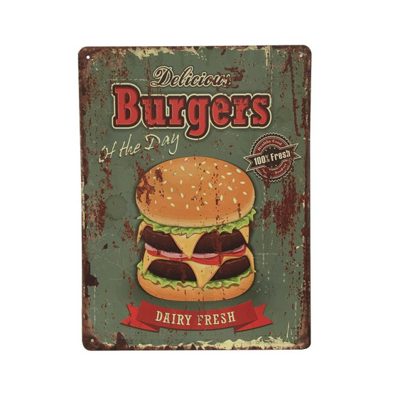 Plaque murale décorative vintage métal métal multicolore burger 33x25cm