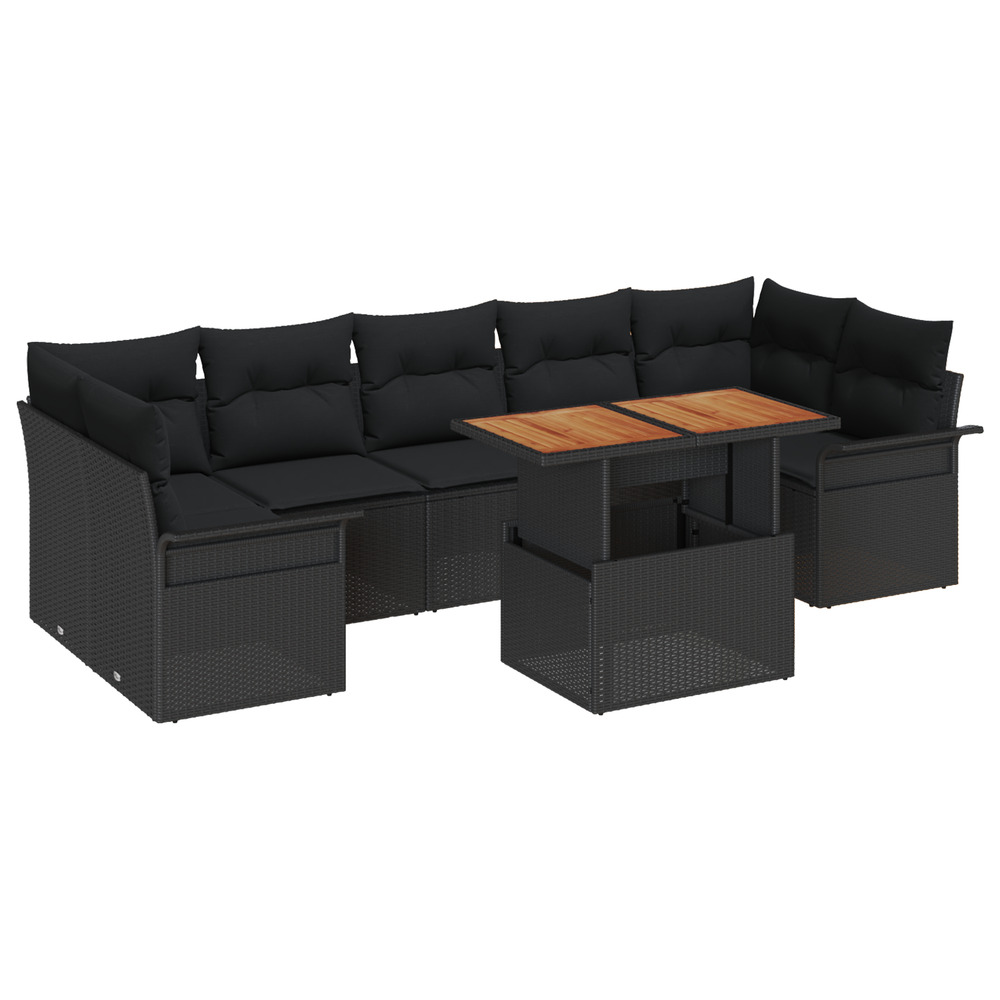 Ensemble de canapés de jardin 8 pièces avec coussins noir poly rattan acacia