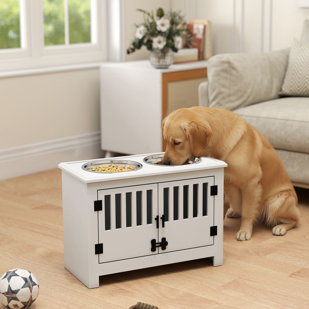 Station repas surélevée grand chien mdf acier blanc 60 x 30 x 43 cm double gamelle 2 l avec rangement