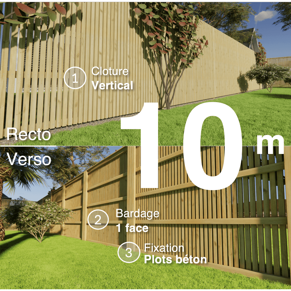 Kit clôture bois moderne 10m – h 2,3m – 45 x 45 mm autoclave – pose vertical – simple face – à sceller
