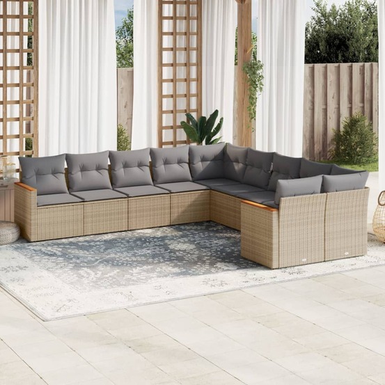 Salon de jardin et coussins 10 pcs mélange beige résine tressée