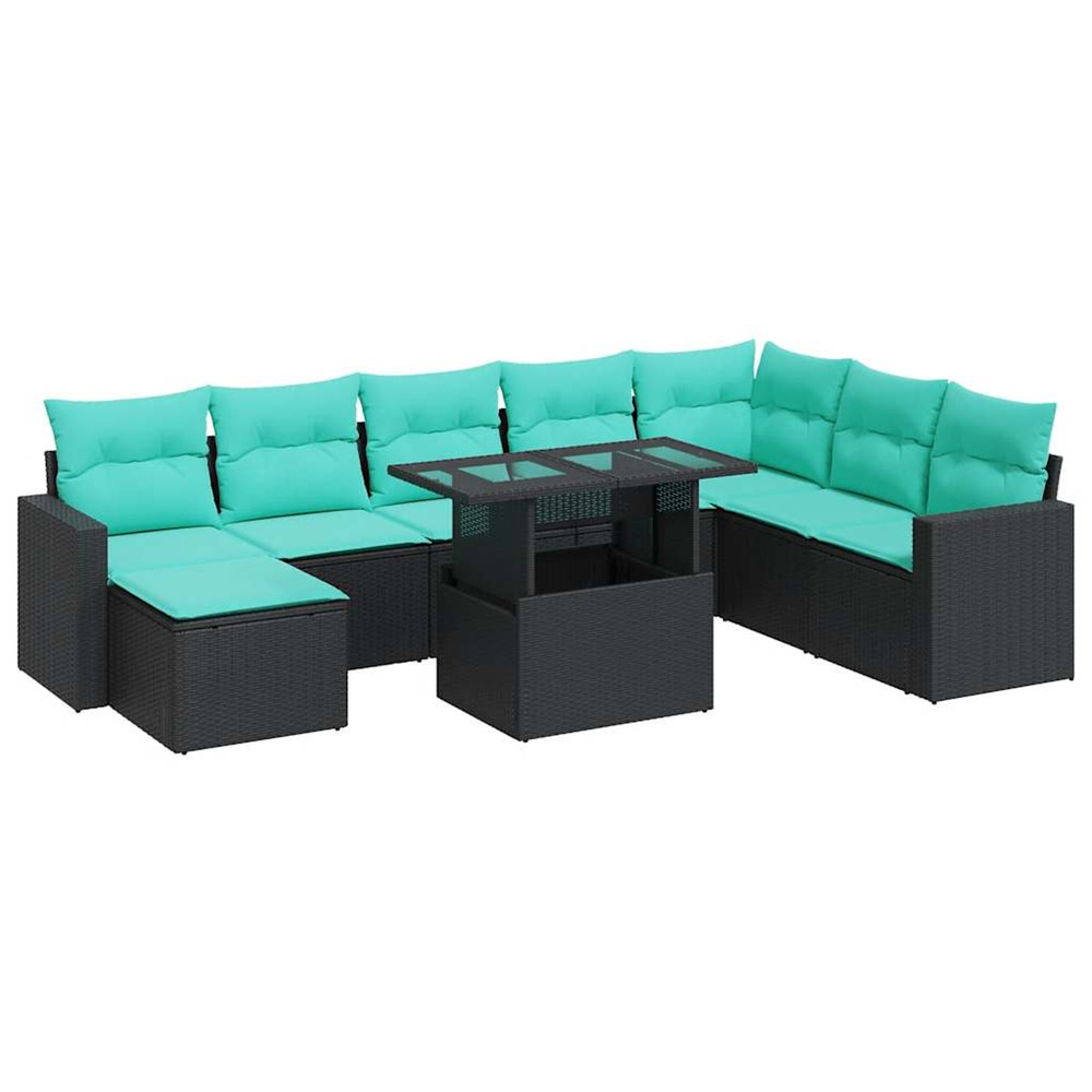 Salon de jardin avec coussins 9 pcs noir résine tressée acacia
