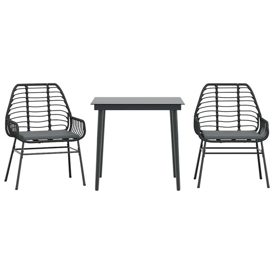 Ensemble à manger de jardin et coussins 3 pcs noir rotin verre