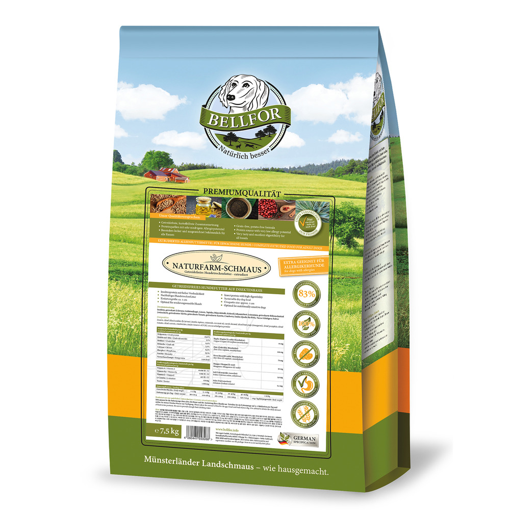 Nourriture sèche sans céréales pour chiens aux insectes - naturfarm-schmaus - 7,5 kg