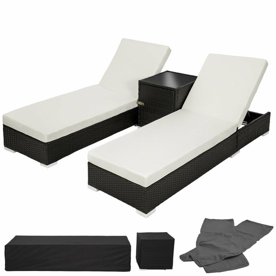 Lot de deux chaises longue bain de soleil en résine tressé poly rotin noir + table + deux set de housses + housse de protecti