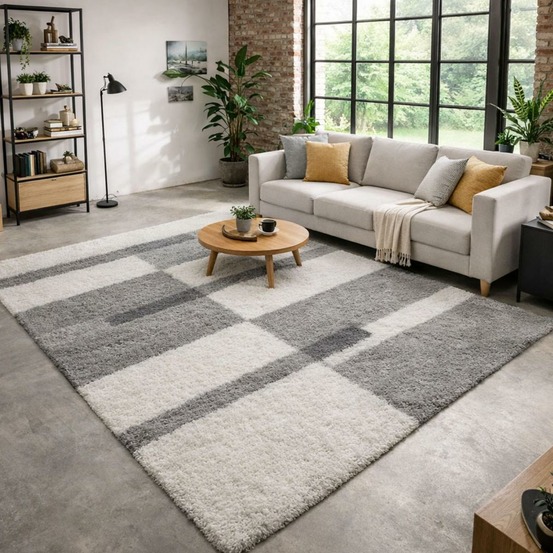 Tapis poils longs shaggy 80x150 rectangle tissé gris clair et gris foncé