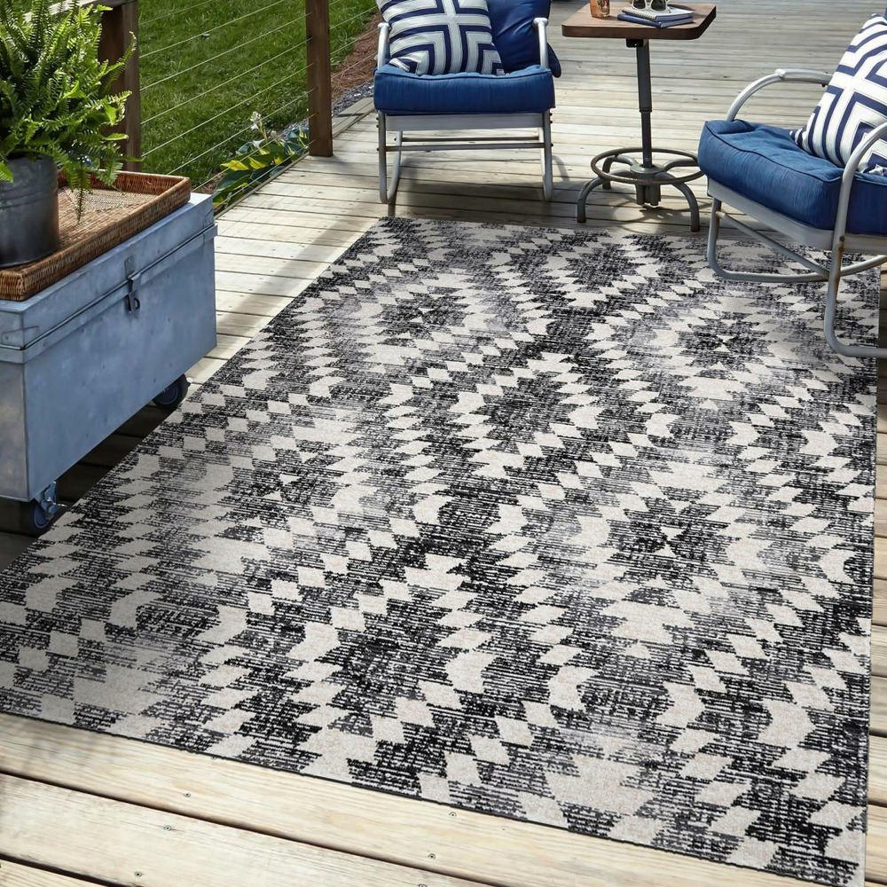 Tapis extérieur 200x280 tissé kilim gris et noir sandrine