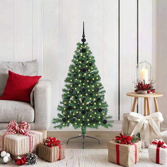 Sapin de noël forme conique 120 cm, guirlande 8 modes d'éclairage et boules incluses