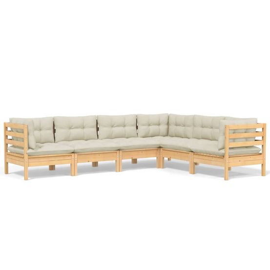 Salon de jardin 6 pcs avec coussins crème bois de pin massif