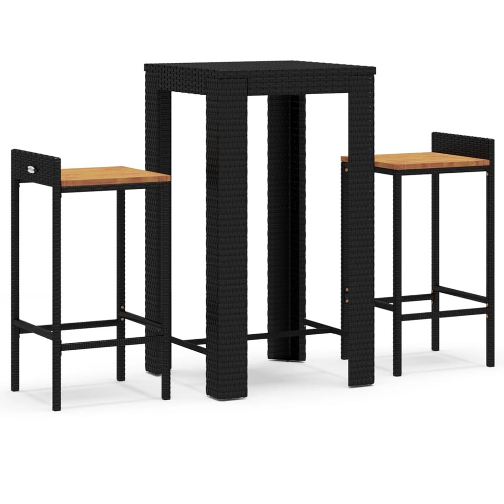 Ensemble de bar jardin 3 pcs noir poly rotin/bois massif acacia