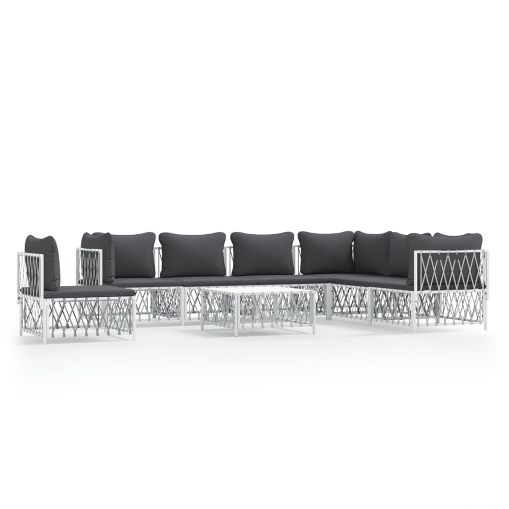 Salon de jardin 8 pcs avec coussins blanc acier