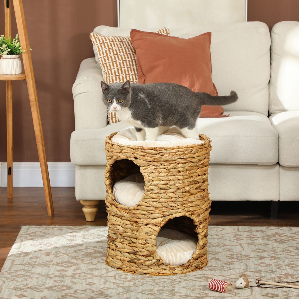 Tour à griffer pour chat en jacinthe d’eau et acier Ø40 x H50 cm brun clair 2 niches avec coussins amovibles