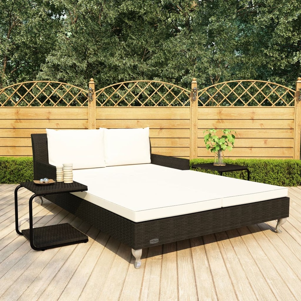 Chaise longue à 2 places avec coussins résine tressée noir