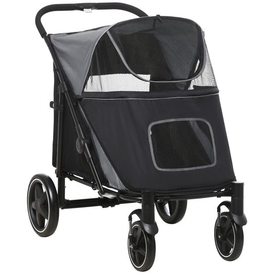 Poussette grand chien chat acier oxford pliable un clic avec amortisseurs 112x65x100 cm gris