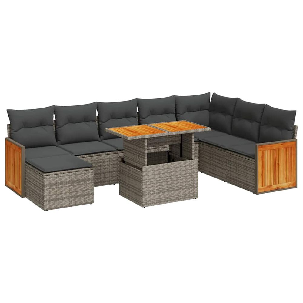 Salon de jardin avec coussins 9 pcs gris résine tressée acacia