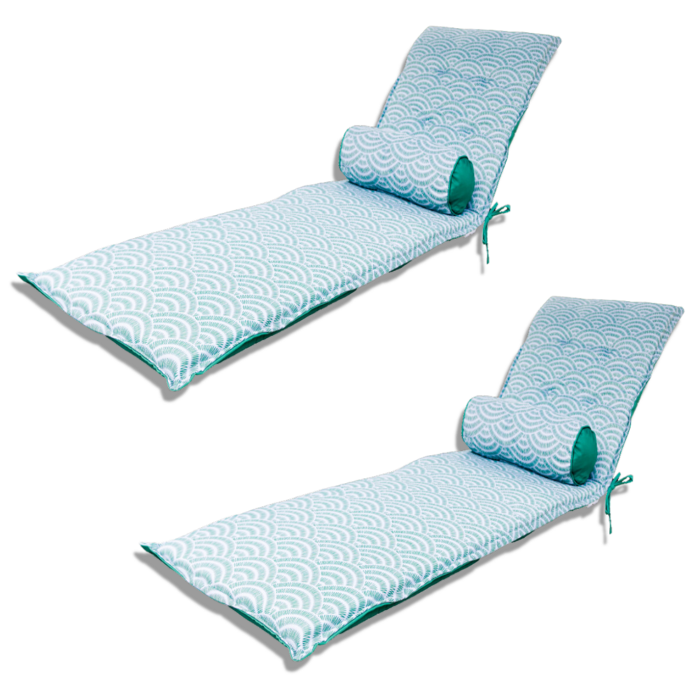 Lot de 2 coussins pour chaise longue et traversin 195x60x5cm & 45x18cm motif éventails verts