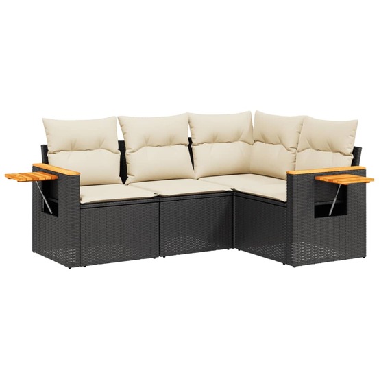 Salon de jardin 4 pcs avec coussins noir résine tressée