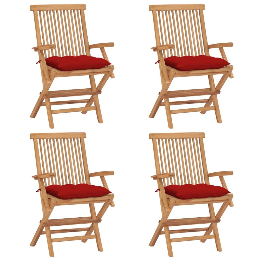 Chaises pliantes avec coussins rouges, 4 pièces, en bois de teck massif