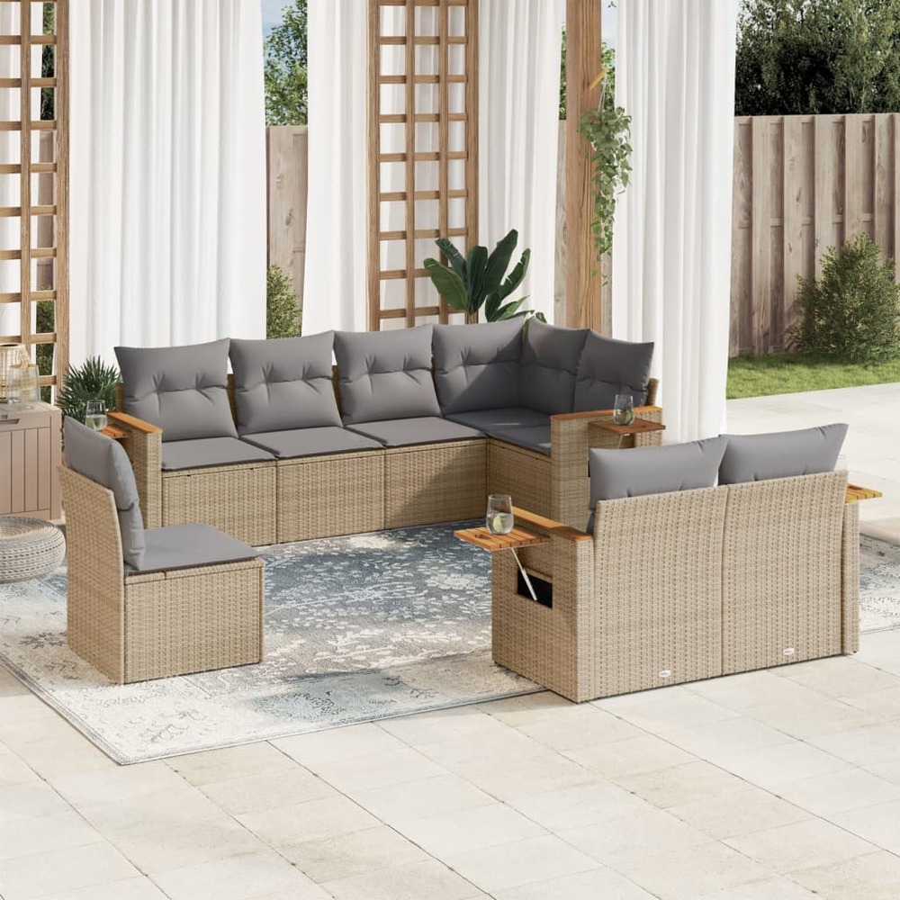 Salon de jardin avec coussins 8 pcs beige résine tressée