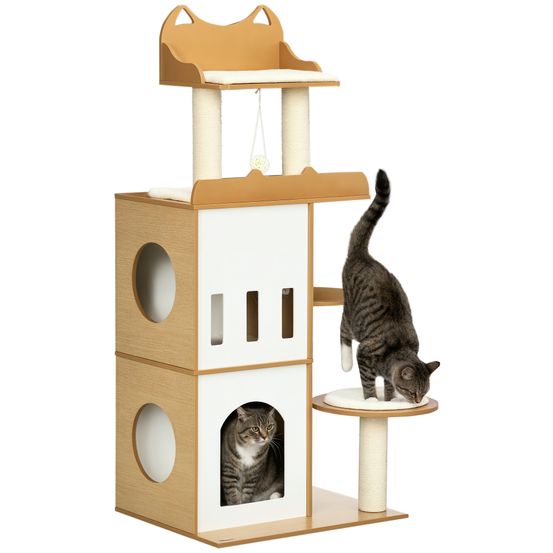 Arbre à chat bois mdf et sisal pour félins double cabane 60x48x133cm chêne