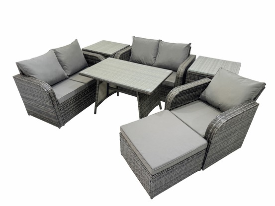 7 pièces ensemble de meubles de jardin en rotin avec table à manger fauteuil canapé d'amour 2 tables d'appoint grand tabouret