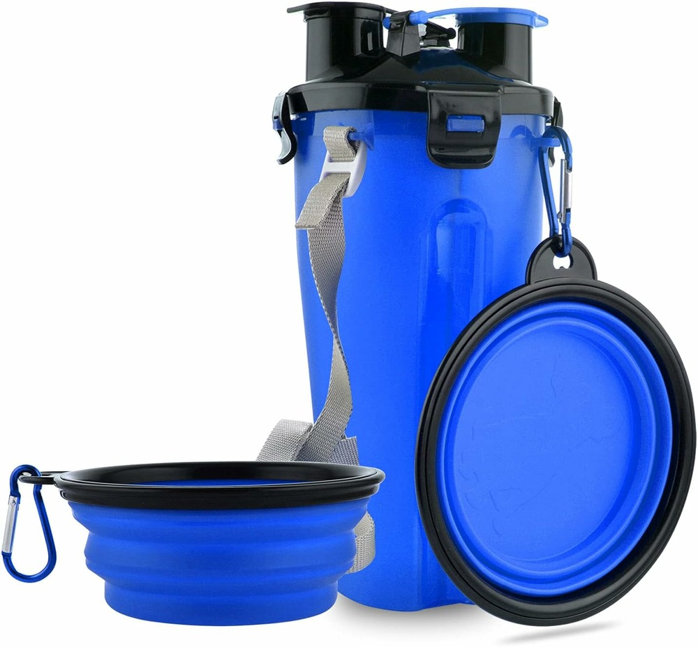 Bouteille d'eau pour chien avec 2 bols pliables portable 2 en 1 bleu