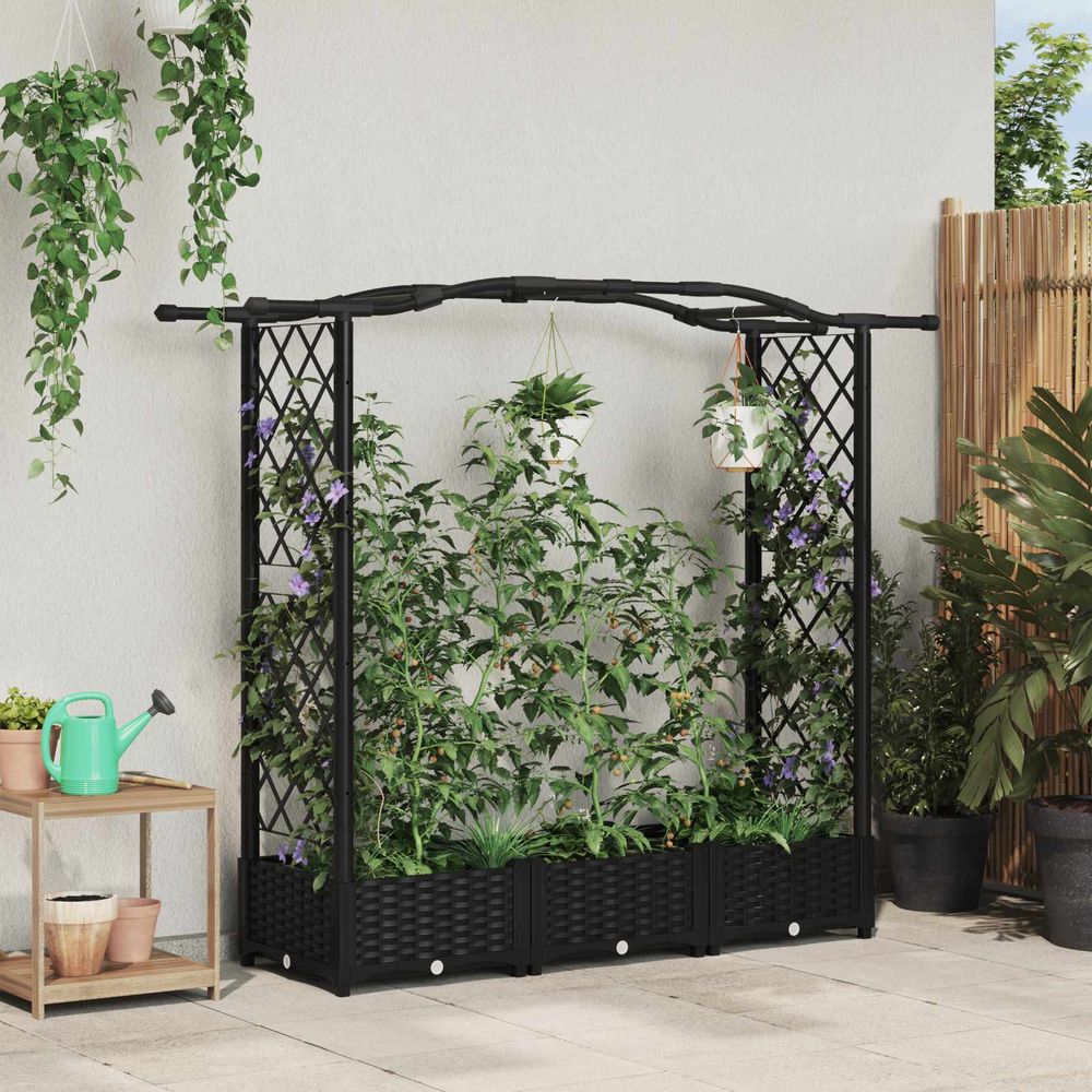 Jardinière surélevée toit courbé et 2 treillis plastique plantes grimpantes 169cm noir