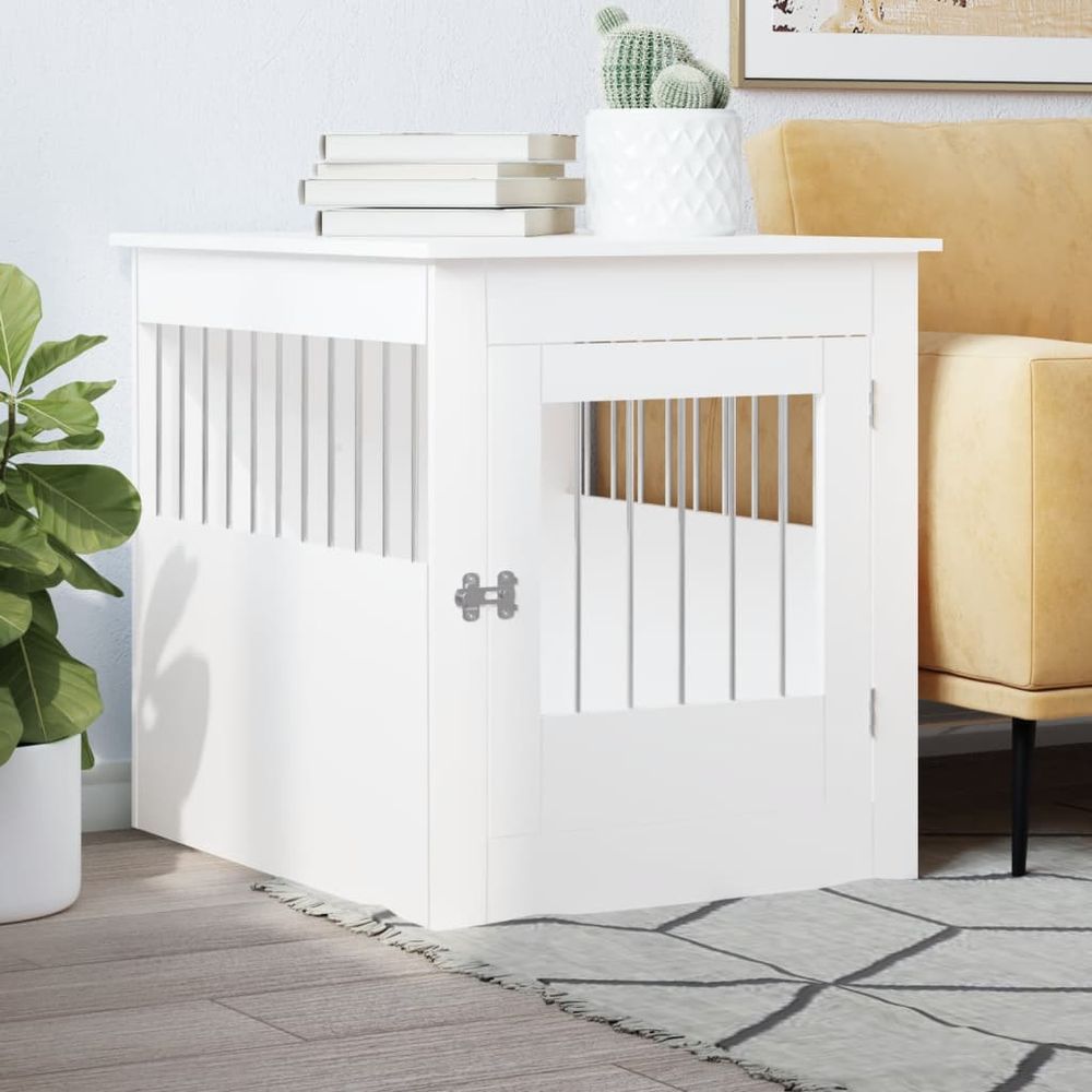 Meuble cage chien en bois et acier table d'appoint pour salon blanc 80cm